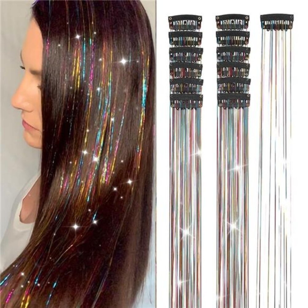 Rainbow hair tinsel clip in extensions glitter strands fairy hair accessories se